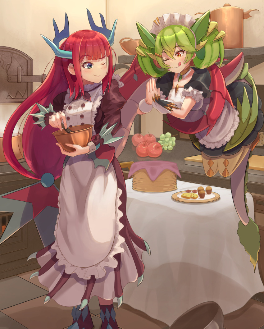 2girls, apple, apron, begging, blue_eyes, bowl, cookie, cupcake