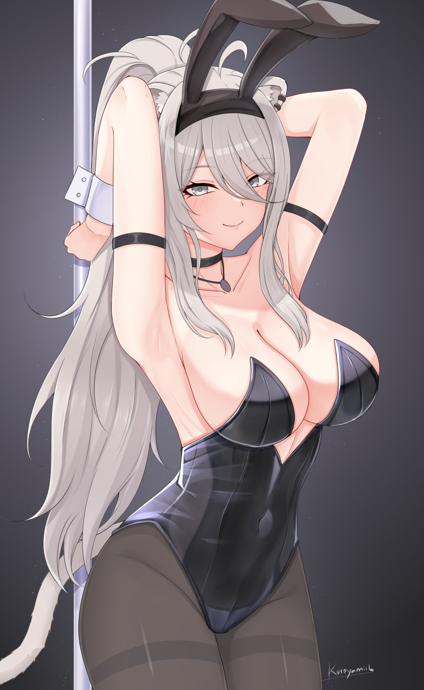 1girl, absurdres, animal_ears, arm_strap, black_choker, black_leotard, black_pantyhose, breasts