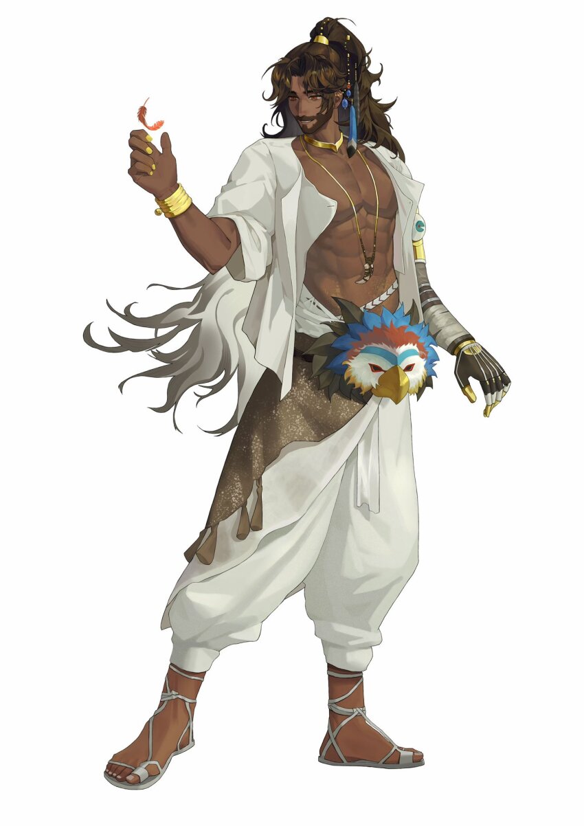 1boy, abs, beard, black_hair, dark-skinned_male, dark_skin, facial_hair, feather_hair_ornament, feathers, gold_choker, grin, hair_ornament, hand_up, high_ponytail, highres, jewelry, legs_apart, long_hair, looking_at_object, looking_to_the_side, male_focus, mask, mature_male, mechanical_arms, necklace, official_alternate_costume, open_clothes, open_shirt, pants, pectorals, ponytail, prosthesis, prosthetic_arm, puffy_pants, red_eyes, reverse:1999, sandals, sept_(septyuyi), shamane, shirt, short_sleeves, single_mechanical_arm, smile, solo, standing, toned, toned_male, tooth_necklace, unworn_mask, very_long_hair, white_background, white_pants, white_sandals, white_shirt, yellow_nails