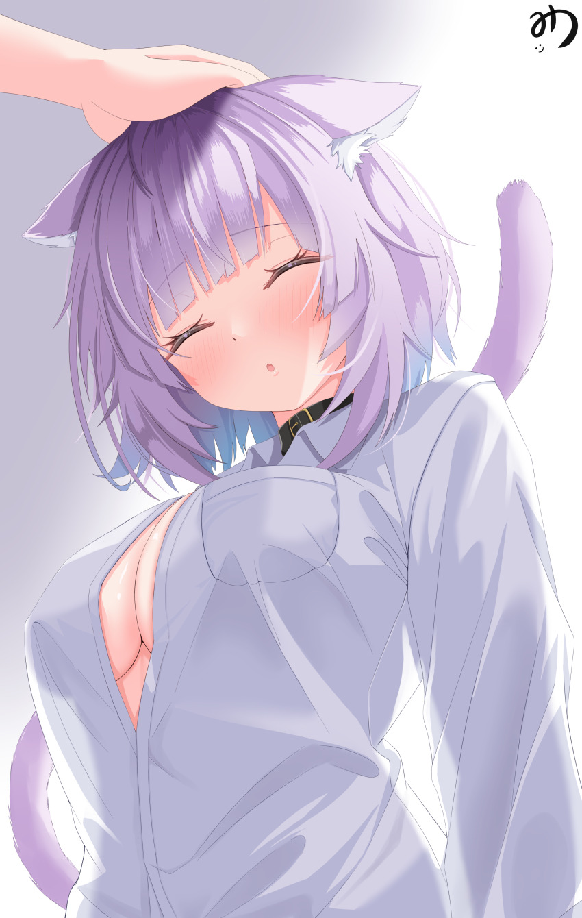 1girl, absurdres, animal_ears, blush, breasts, cat_ears, cat_tail, closed_eyes
