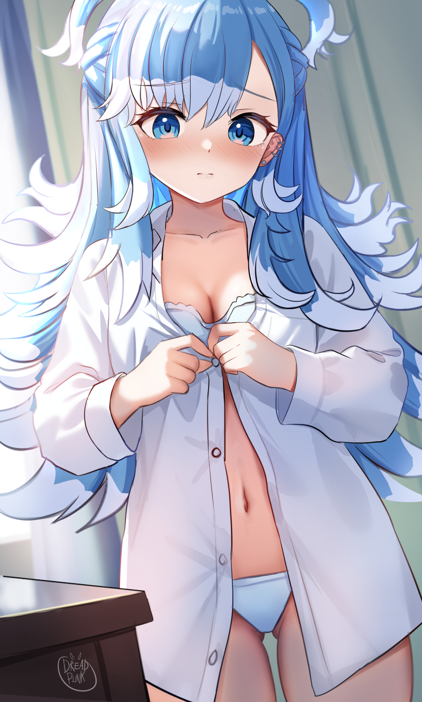 1girl, absurdres, antenna_hair, blue_bra, blue_eyes, blue_hair, blush, bra