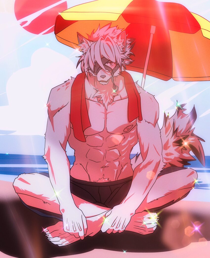 1boy, abs, animal_ears, beach, beach_umbrella, black_male_swimwear, blue_sky, claws, cloud, colored_tips, commentary, diffraction_spikes, english_commentary, eyepatch, fangs, furry, furry_male, highres, indian_style, looking_at_viewer, male_focus, male_swimwear, multicolored_hair, muscular, muscular_male, nipples, ocean, on_floor, one_eye_covered, open_mouth, pectorals, red_eyes, sand, sitting, sky, sun_glare, tail, topless_male, toro402, towel, towel_around_neck, umbrella, von_lycaon, wolf_boy, wolf_ears, wolf_tail, zenless_zone_zero