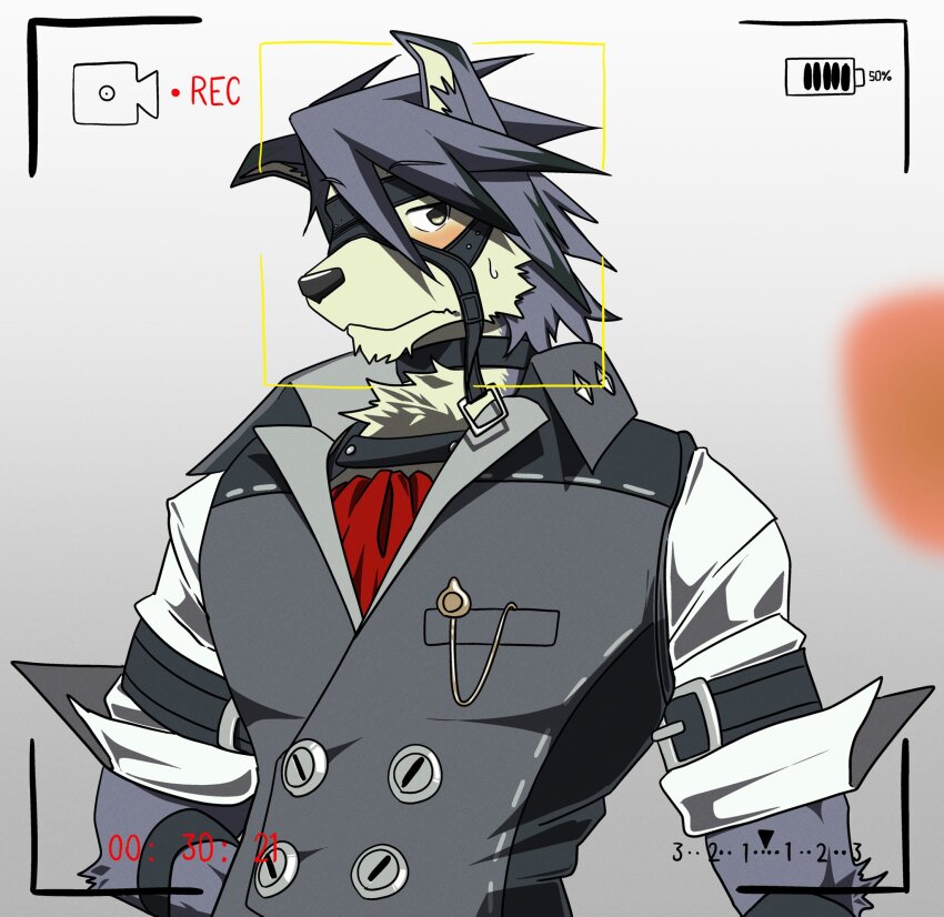 1boy, animal_ears, arm_behind_back, ascot, battery_indicator, blush, commentary_request, cosplay, dog_boy, dog_ears, embarrassed, eyepatch, furry, furry_male, grey_vest, highres, kouya_aotsuki, looking_at_viewer, male_focus, morenatsu, one_eye_covered, recording, red_ascot, shirt, sleeves_rolled_up, sweatdrop, timestamp, toro402, vest, von_lycaon, von_lycaon_(cosplay), wavy_mouth, white_shirt, zenless_zone_zero