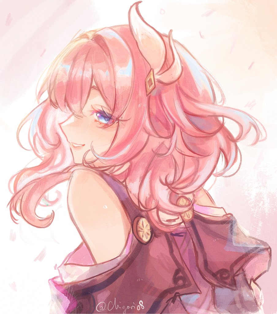 1girl, artist_name, bare_shoulders, blue_eyes, chiyori08, clothing_cutout, commentary, cyrene_(philia093)_(honkai:_star_rail)