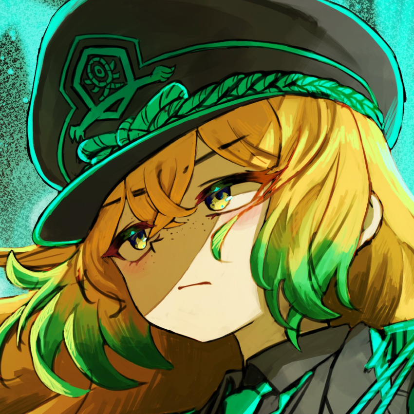 1girl, 99dulgi, blind_obsession_(e.g.o), blush, collared_shirt, e.g.o_(project_moon), freckles, gradient_hair