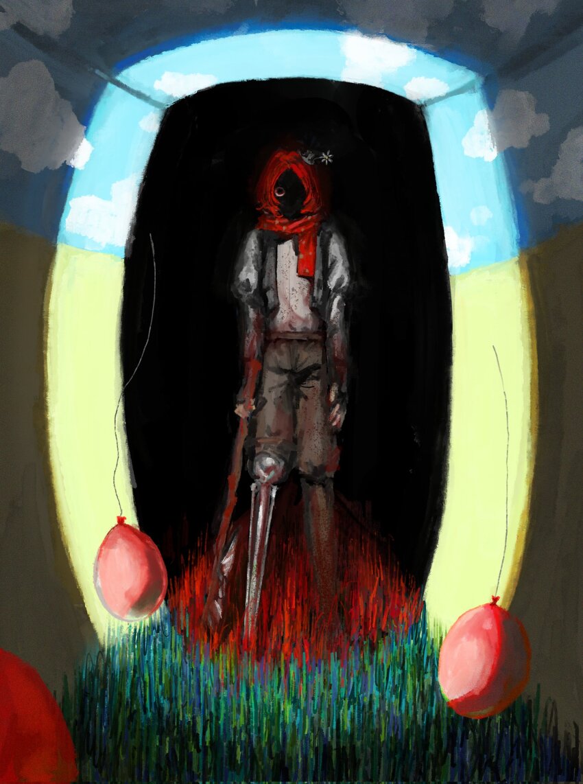 1boy, axe, balloon, black_gloves, black_hat, black_vest, blood, blood_on_clothes