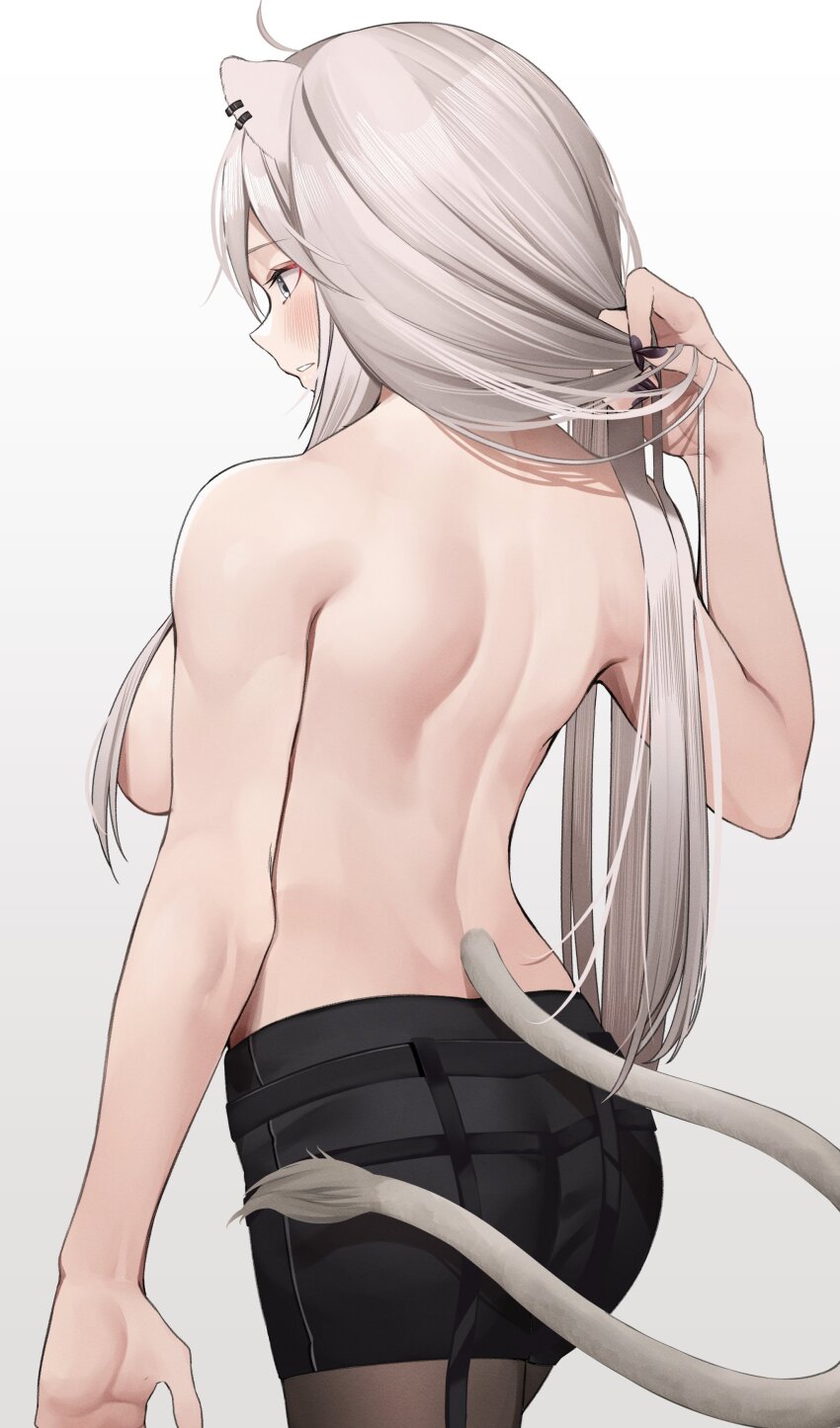 1girl, absurdres, ahoge, animal_ears, ass, back, black_nails, black_shorts, blush, breasts, brown_pantyhose, commentary_request, cowboy_shot, from_behind, gradient_background, grey_background, grey_hair, harness_belt, highres, hololive, large_breasts, lion_ears, lion_girl, lion_tail, long_hair, looking_ahead, nail_polish, pantyhose, parted_lips, shishiro_botan, shishiro_botan_(button-down), shorts, solo, tail, topless_female, virtual_youtuber, white_background, yuya_(yuya_illust)