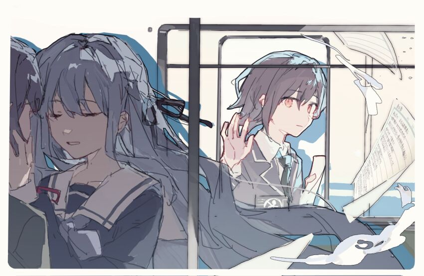 2girls, against_glass, azhi_nagi, bang_dream!, bang_dream!_it's_mygo!!!!!, black_ribbon, blue_hair, blue_shirt