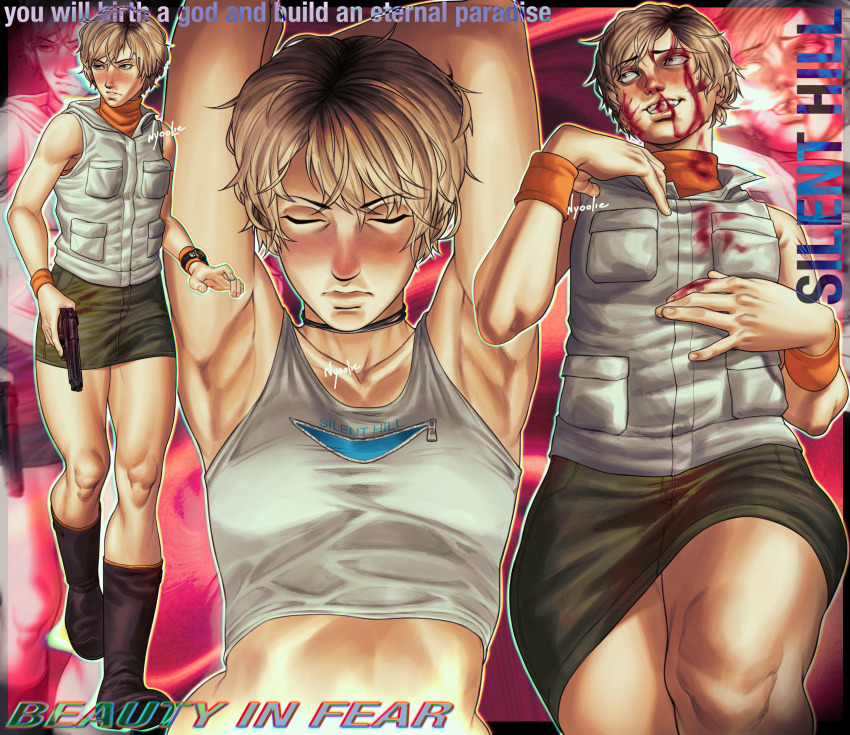 1girl, armpits, artist_name, black_roots, blonde_hair, blood, blood_on_clothes, blood_on_face, boots, closed_eyes, commentary, copyright_name, english_commentary, freckles, green_skirt, gun, heather_mason, highres, holding, holding_gun, holding_weapon, multiple_views, nyoolie, short_hair, silent_hill_(series), silent_hill_3, skirt, sleeveless, turtleneck, vest, weapon