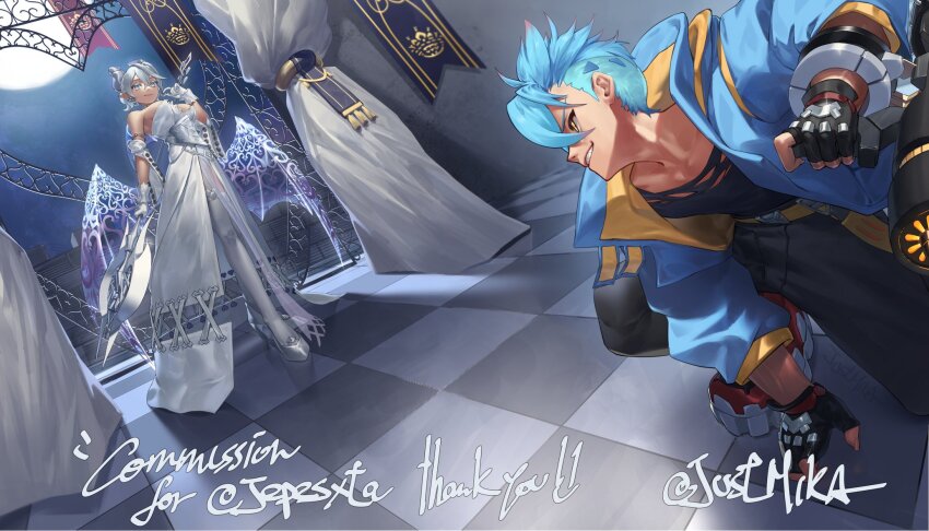 1boy, 1girl, bare_shoulders, black_gloves, black_shirt, blue_eyes, blue_jacket, breasts