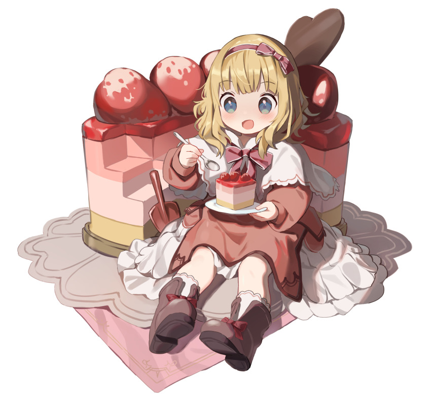 1girl, black_footwear, blonde_hair, blue_eyes, blush, bow, cake, capelet