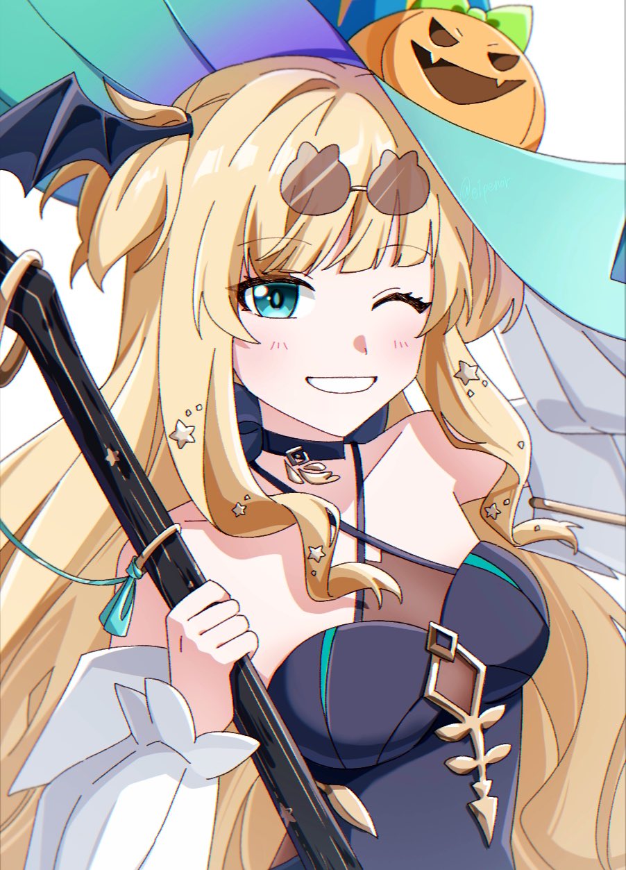 1girl, bat_wings, black_choker, black_dress, blonde_hair, blue_eyes, blue_hat, choker