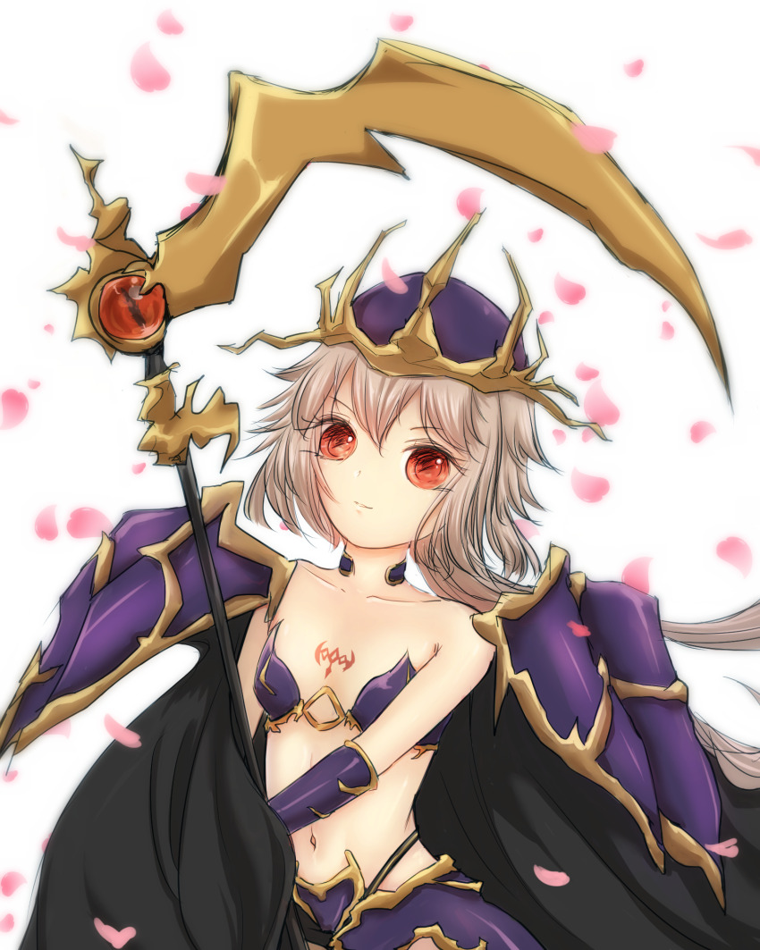 1girl, alternate_costume, armor, bare_shoulders, bozel_(langrisser), breasts, cape, chest_tattoo