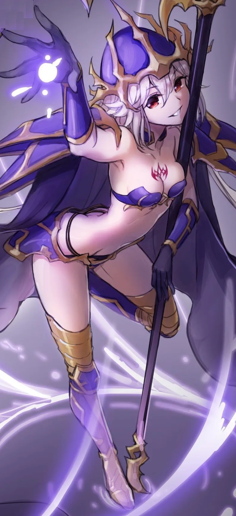 1girl, alternate_costume, armor, artist_request, ass, aura, bare_shoulders, bozel_(langrisser), breasts, butt_crack, cape, chest_tattoo, cleavage, close-up, corruption, dancing, dark_aura, dark_persona, downpants, evil_grin, evil_smile, gloves, grin, helmet, highres, holding, holding_scythe, knee_up, langrisser, langrisser_mobile, langrisser_re:incarnation, leaning, leaning_forward, leaning_on_object, leaning_on_weapon, leg_up, licorice_(langrisser), mark_of_bozel, midriff, official_alternate_costume, pauldrons, pole_dancing, possessed, possession, red_eyes, scythe, short_hair, shoulder_armor, smile, tattoo, white_hair