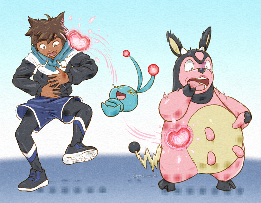 1boy, aura, body_switch, brown_hair, closed_eyes, commentary, crossed_arms, english_commentary, floating, gen_2_pokemon, gen_4_pokemon, happy, heart, heart_swap_(pokemon), holding, knee_up, laughing, leg_up, legendary_pokemon, long_sleeves, looking_down, male_focus, manaphy, miltank, mythical_pokemon, nintendo, open_mouth, original, personality_switch, pokemon, pokemon_(creature), short_hair, shorts, spoonyliger, standing, surprised, tail, tearing_up, tears