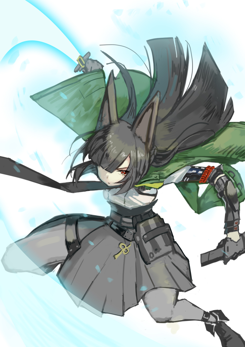 1girl, absurdres, animal_ears, black_footwear, black_gloves, black_hair, black_pantyhose, black_skirt, closed_mouth, dress, fox_ears, fox_girl, gloves, green_jacket, hair_over_one_eye, high-waist_skirt, highres, hoshimi_miyabi, jacket, long_hair, looking_at_viewer, n_furaibou, pantyhose, red_eyes, serious, shirt, skirt, solo, white_shirt, zenless_zone_zero