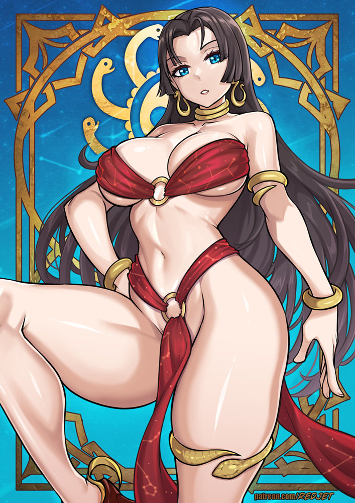 1girl, black_hair, blue_eyes, boa_hancock, bracelet, breasts, earrings, jewelry