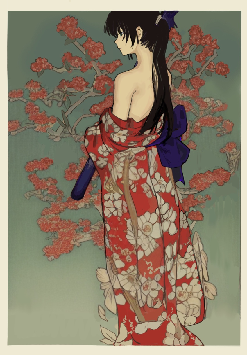 1boy, ashashio, bare_shoulders, bishounen, black_hair, border, closed_mouth, expressionless