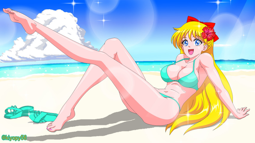 1girl, aino_minako, ass, bare_legs, barefoot, beach, bikini, bishoujo_senshi_sailor_moon, blonde_hair, blue_eyes, blue_sky, breasts, curvy, day, full_body, high_heels_removed, highres, kiyopy56, large_breasts, long_hair, nail_polish, ocean, one_eye_closed, pin_up, sailor_venus, sky, swimsuit, thong, thong_bikini, wide_hips, wink