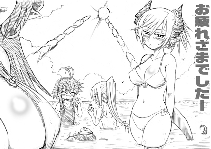 4girls, astaroth_(shinrabanshou), bikini, blush, breasts, demon_girl, flat_chest, greyscale