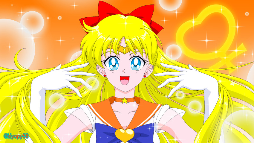 1girl, aino_minako, bishoujo_senshi_sailor_moon, blinking, blonde_hair, blue_eyes, highres, kiyopy56, long_hair, magical_girl, one_eye_closed, sailor_venus, solo, sparkling, stars, very_long_hair, wink