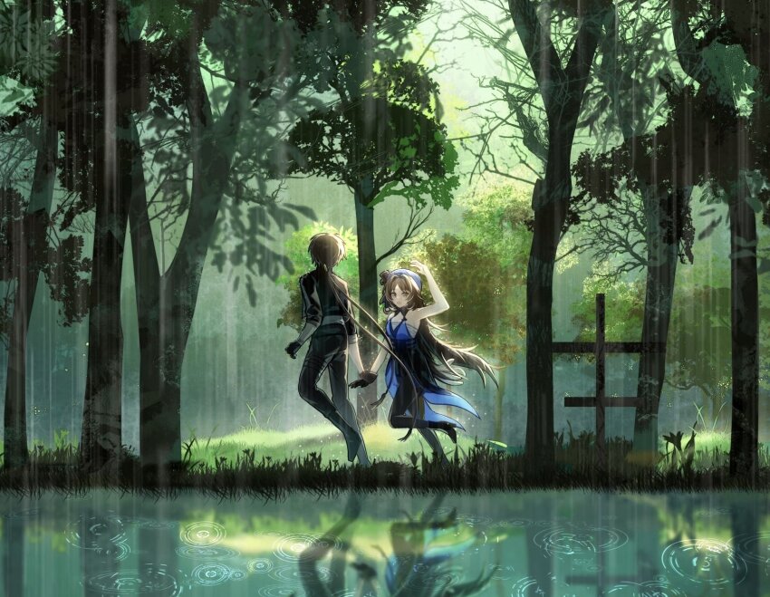 1boy, 1girl, forest, highres, male_rover_(wuthering_waves), nature, nekoko1551, outdoors, reflection, reflective_liquid, rover_(wuthering_waves), running, sunlight, wuthering_waves, yangyang_(wuthering_waves)