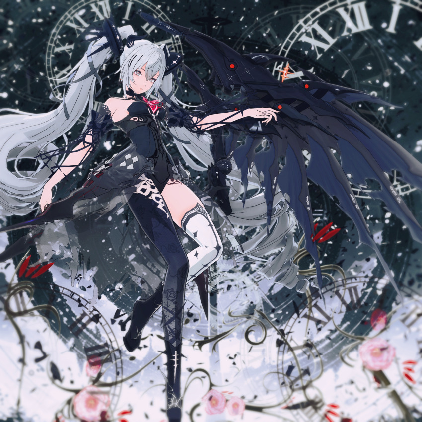 1girl, absurdres, black_dress, black_pantyhose, dress, grey_eyes, grey_hair, grey_thighhighs