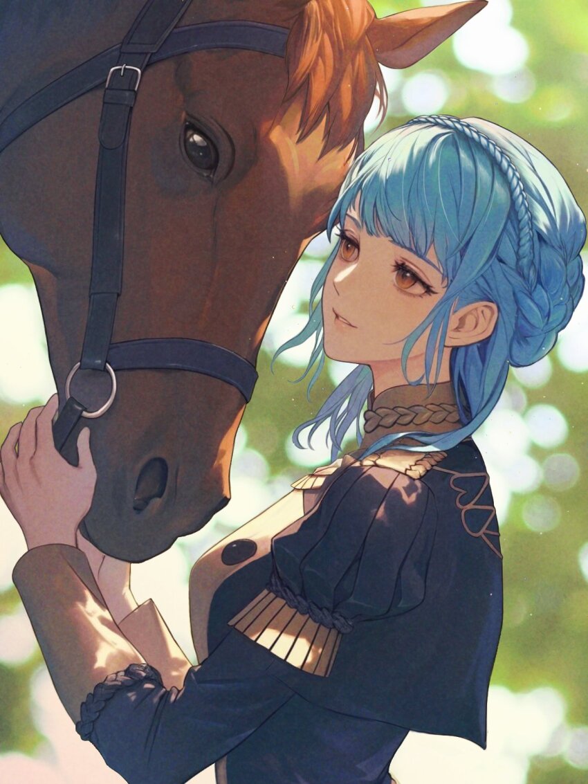 1girl, animal, blue_hair, braid, breasts, brown_eyes, buttons, crown_braid, fire_emblem, fire_emblem:_three_houses, garreg_mach_monastery_uniform, grin, highres, horse, juliet_sleeves, lips, long_sleeves, looking_at_another, marianne_von_edmund, medium_breasts, mixed-language_commentary, nintendo, pink_lips, puffy_sleeves, short_hair, sidelocks, smile, wrainbow13