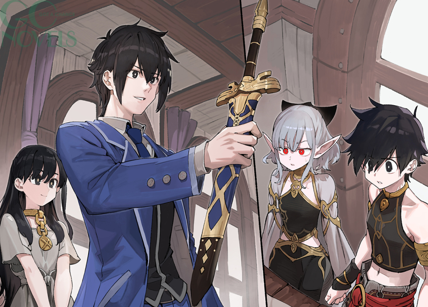 2boys, 2girls, armlet, atou_(isekai_mokushiroku_mynoghra), black_bow, black_dress, black_eyes, black_hair