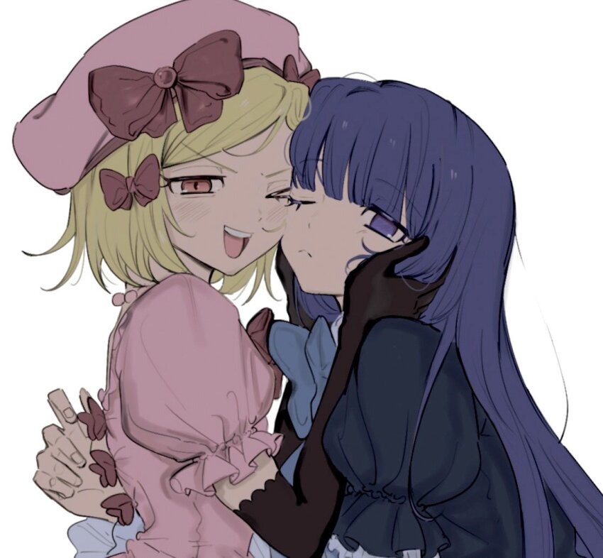 2girls, beret, black_gloves, blonde_hair, blue_eyes, blue_hair, blunt_bangs, bow