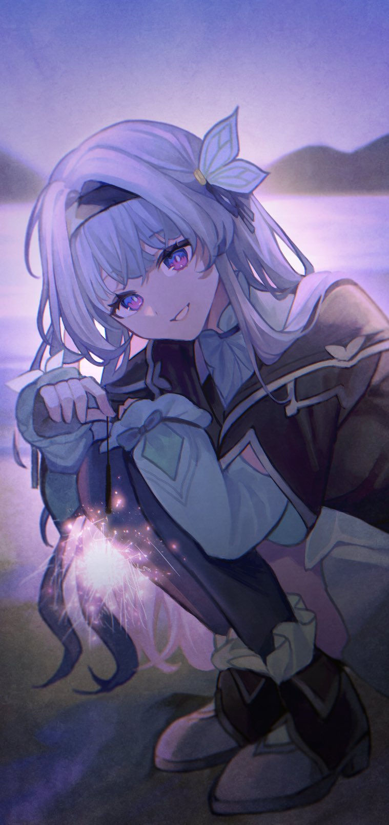 1girl, ankle_boots, black_hairband, black_jacket, boots, cropped_jacket, firefly_(honkai:_star_rail), frilled_shirt