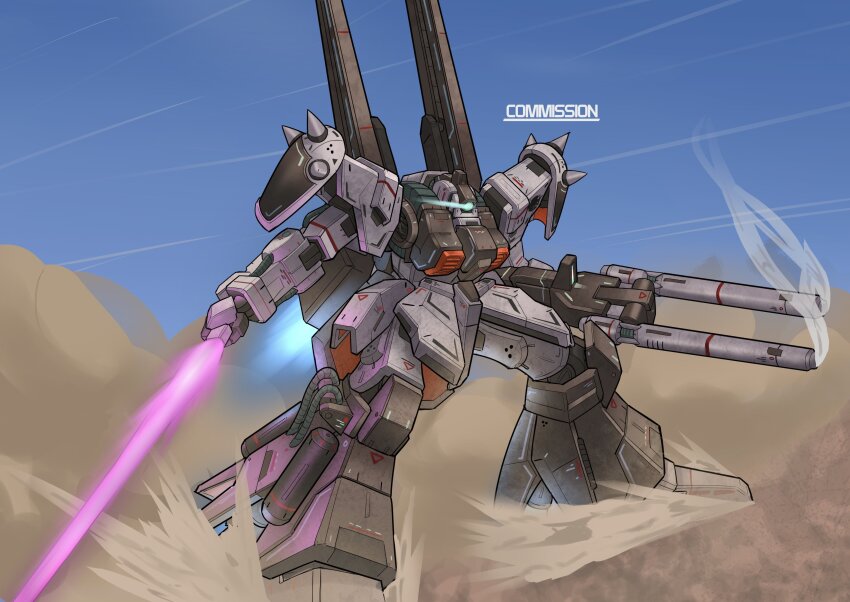 absurdres, beam_rifle, energy_sword, blue_eyes, blue_sky, commentary, commission, day, desert, double_barrels, dual_wielding, energy_gun, english_commentary, eye_trail, glowing, glowing_eye, gun, gundam, gundam_msv, highres, holding, holding_gun, holding_sword, holding_weapon, jellen_squish, legs_apart, light_trail, mecha, mecha_focus, mobile_suit, no_humans, one-eyed, outdoors, rick_dias_ii, robot, sand, science_fiction, shoulder_spikes, sky, smoke, smoking_barrel, solo, spikes, sword, weapon, zeta_gundam