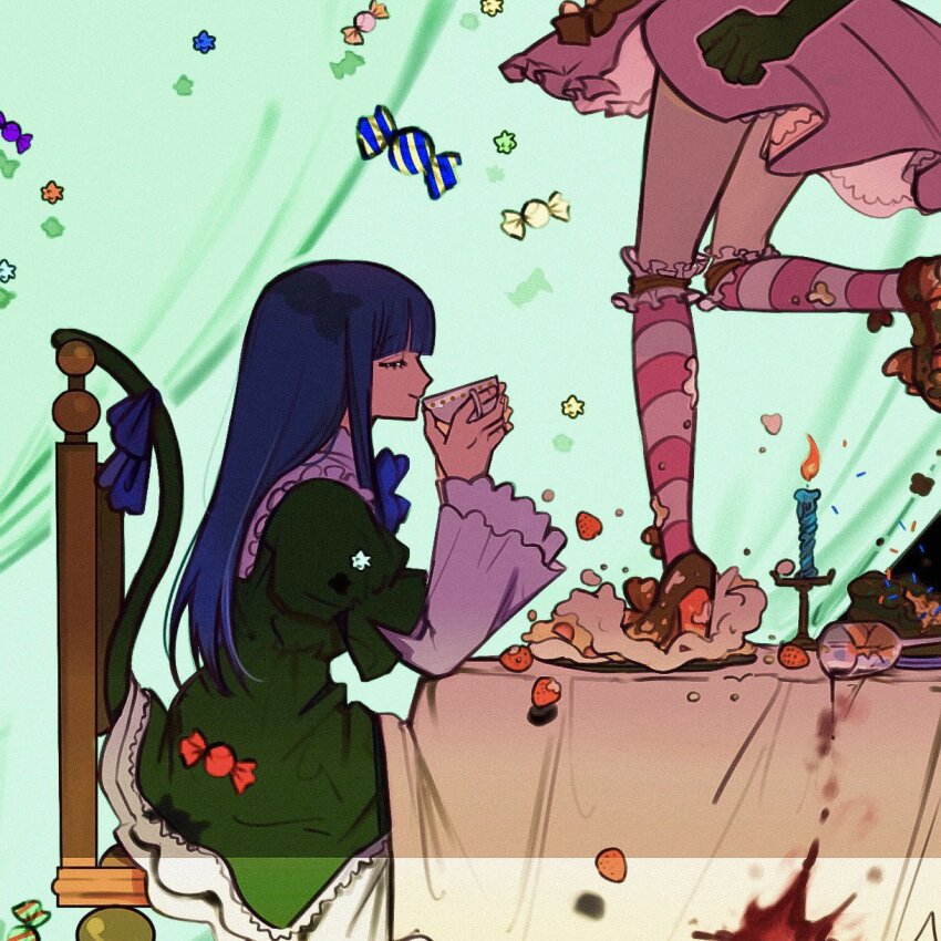 2girls, black_dress, blue_hair, blunt_bangs, cake, candle, candy, cat_tail