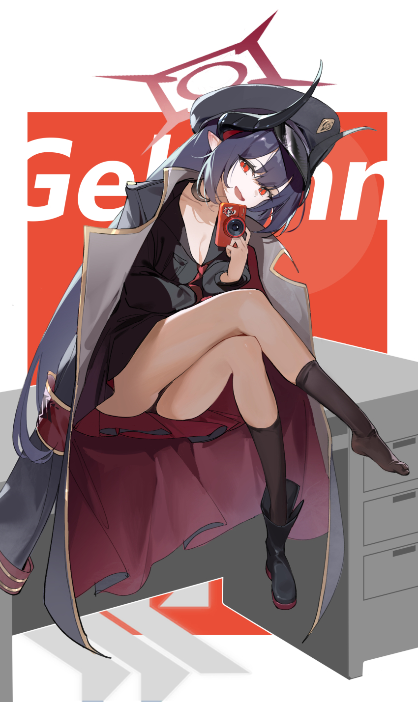 1girl, absurdres, akirayang23, black_coat, black_horns, blue_archive, camera, chiaki_(blue_archive), coat, coat_on_shoulders, curved_horns, demon_horns, digital_camera, gehenna_academy_logo, halo, hat, highres, holding, holding_camera, horns, multiple_horns, necktie, peaked_cap, red_halo, red_necktie, solo