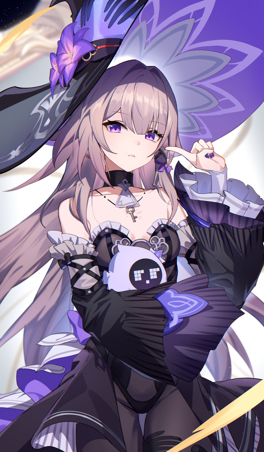 1girl, absurdres, ascot, black_choker, black_dress, black_hat, brown_hair, choker