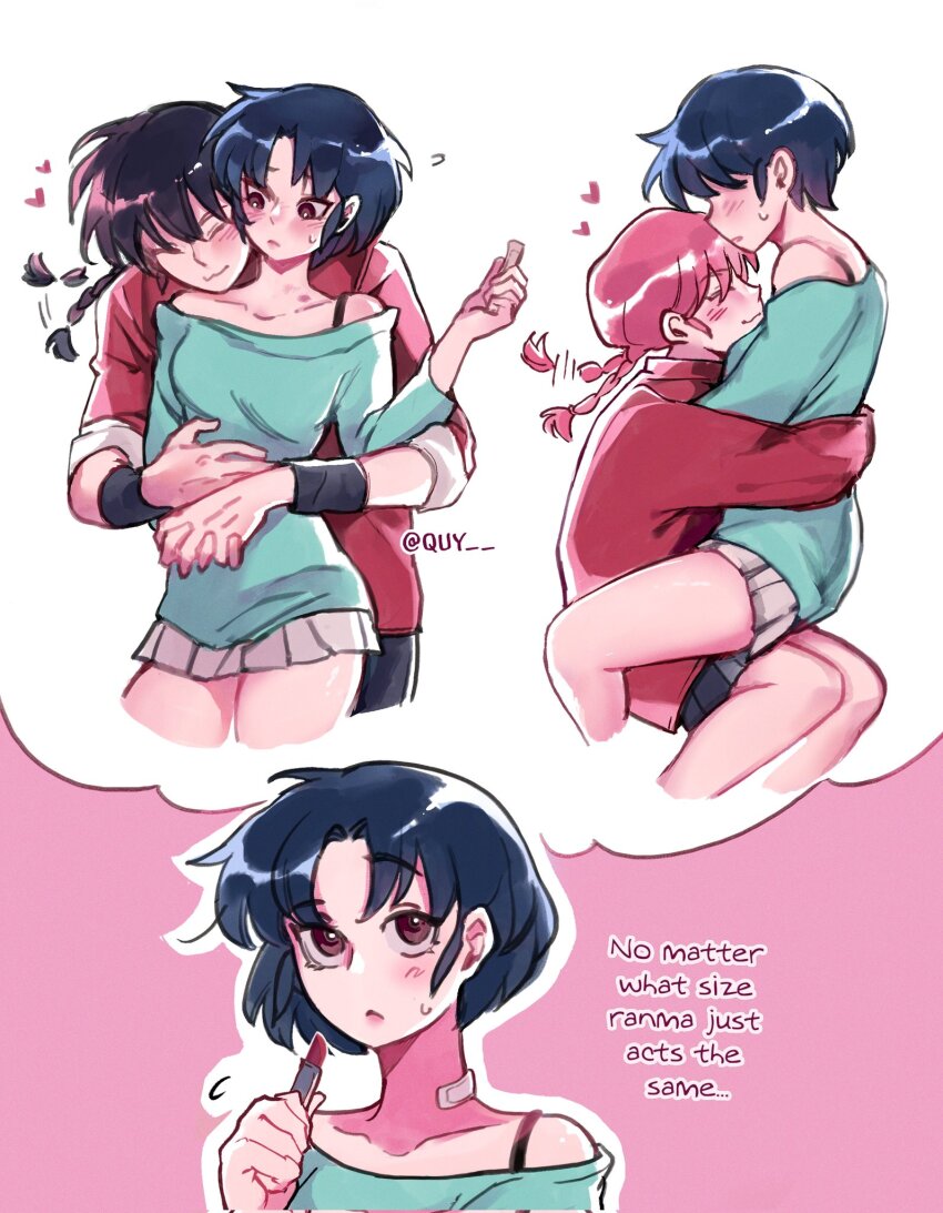 1boy, 2girls, :3, applying_makeup, aqua_skirt, arms_around_another's_back, arms_around_another's_waist, artist_name, bandaid, bandaid_on_neck, bare_shoulders, black_hair, black_pants, black_skirt, blue_hair, blush, bob_cut, bra_strap, braid, braided_ponytail, breasts, bright_pupils, brown_eyes, carrying, carrying_person, casual, chinese_clothes, closed_eyes, closed_mouth, collarbone, commentary, cosmetics, couple, cuddling, embarrassed, english_commentary, face-to-face, flying_sweatdrops, front-to-back, genderswap, genderswap_(mtf), hair_over_eyes, hair_wagging, head_on_another's_shoulder, head_on_chest, heads_together, heart, height_difference, hickey, highres, holding, holding_bandaid, holding_lipstick_tube, hug, hug_from_behind, leg_lock, lipstick, lipstick_tube, long_hair, long_sleeves, looking_at_another, looking_down, looking_to_the_side, looking_up, makeup, mandarin_collar, motion_lines, multiple_girls, multiple_views, outline, pants, pensive, pink_background, pink_lips, pleated_skirt, quy_(quiin), ranma-chan, ranma_1/2, red_shirt, saotome_ranma, shirt, short_hair, signature, single_braid, skirt, sleeves_rolled_up, small_breasts, smile, speech_bubble, squatting, standing, standing_leg_lock, straddling, sweatdrop, tangzhuang, tendou_akane, thought_bubble, twitter_username, upper_body, upturned_eyes, white_outline, white_pupils, white_skirt