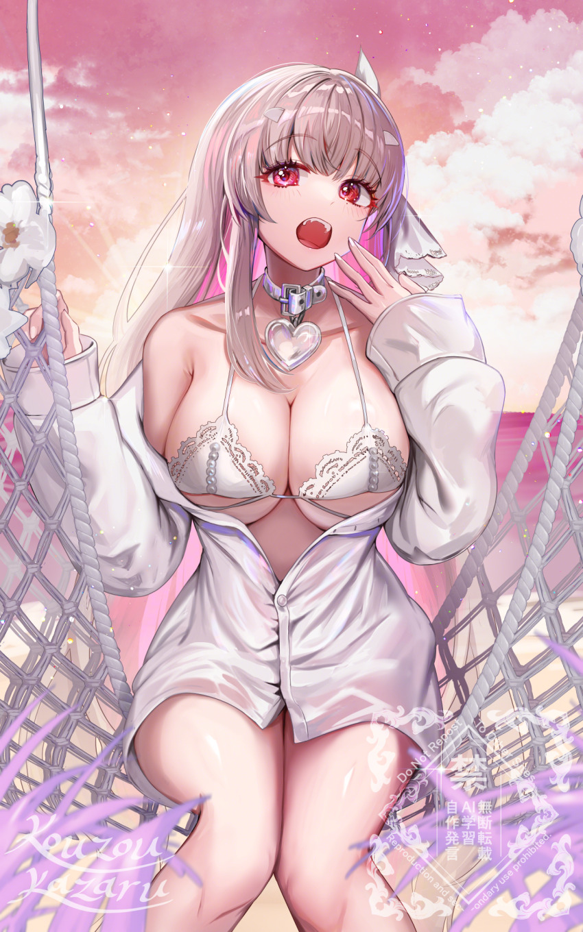 1girl, belt_collar, bikini, bra, collar, goddess_of_victory:_nikke, hammock, heart_collar