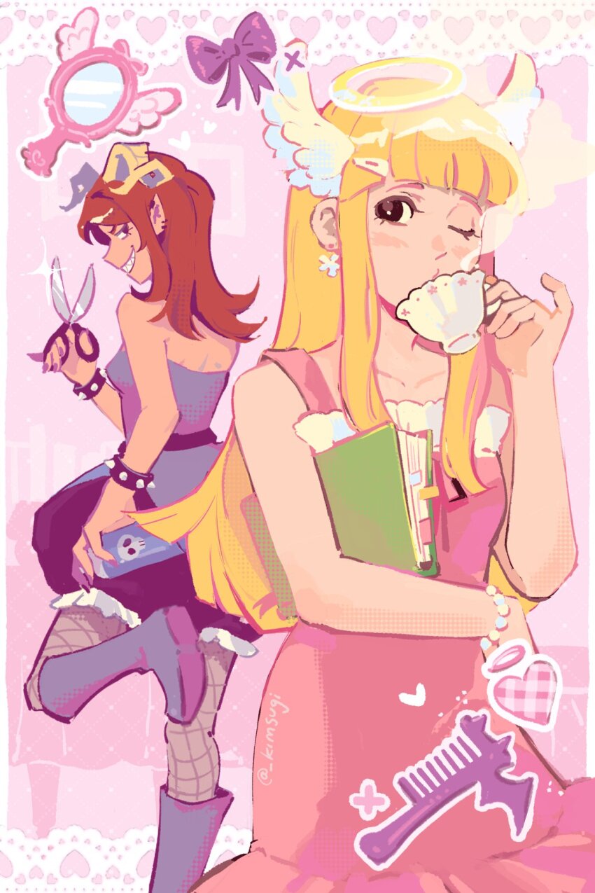 2girls, angel, angel_(devilish_hairdresser), angel_and_devil, blonde_hair, bracelet, cup, demon_girl, demon_horns, devil_(devilish_hairdresser), devilish_hairdresser, dress, fur-trimmed_dress, fur_trim, halo, head_wings, highres, holding, holding_scissors, horns, jewelry, kimsugi, long_hair, looking_at_viewer, mug, multiple_girls, pink_dress, red_hair, scissors, screenshot_inset, skull_ornament, spiked_bracelet, spikes, wings