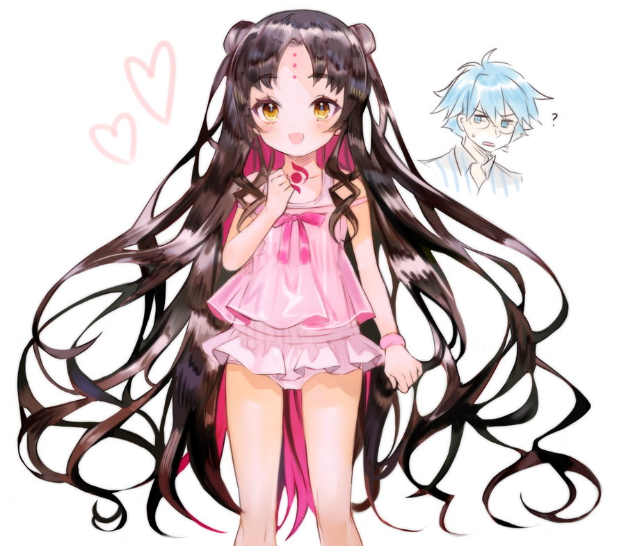 1boy, 1girl, ?, arm_at_side, aubz, babydoll, black_hair, blue_eyes