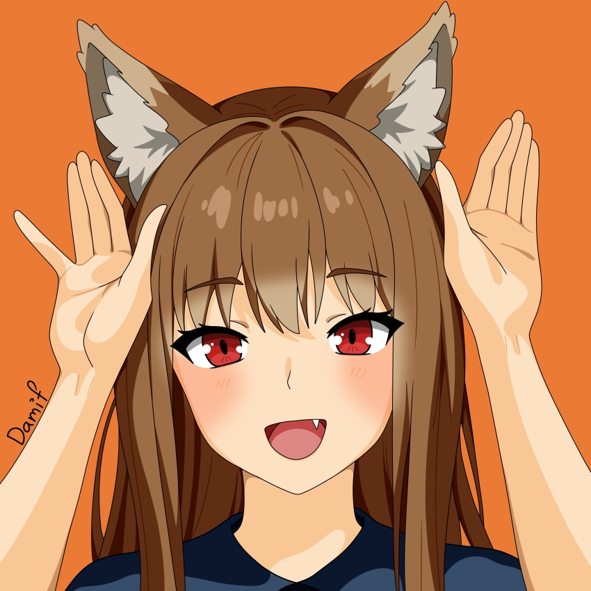 1girl, :d, absurdres, animal_ear_fluff, animal_ears, blue_shirt, blush, brown_hair