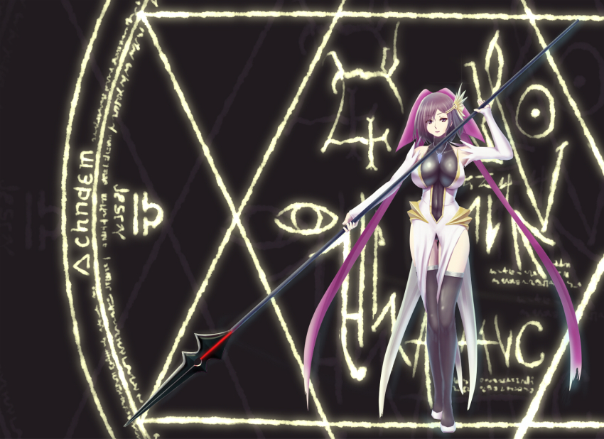 1girl, bare_shoulders, black_thighhighs, breasts, cosplay, detached_sleeves, dress, female_focus