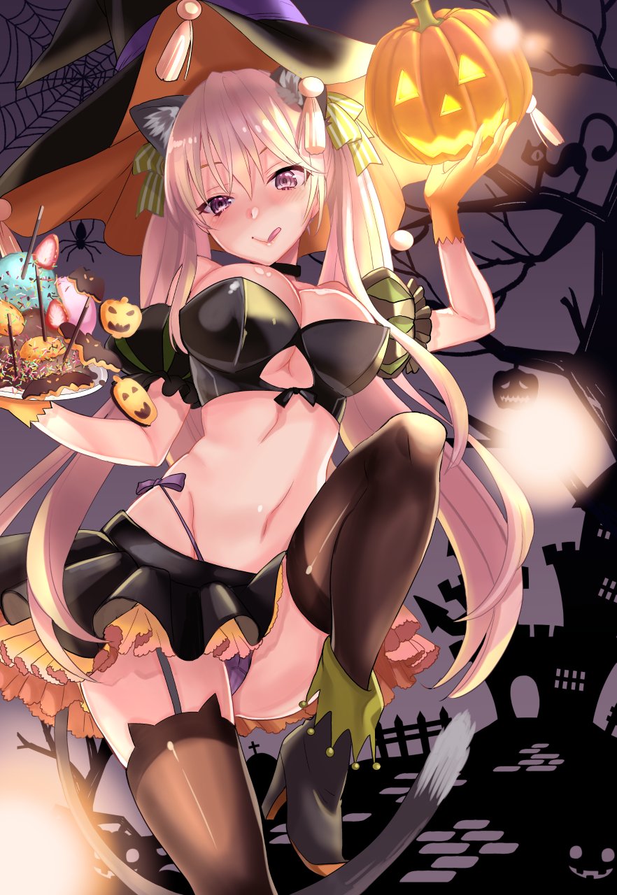 1girl, abeno_chako, bare_shoulders, black_panties, black_skirt, breasts, cleavage, commentary_request