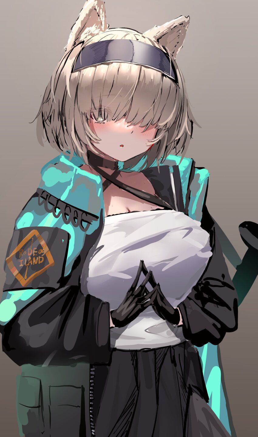 absurdres, animal_ear_fluff, aqua_coat, arknights, black_choker, black_coat, black_gloves, black_hairband