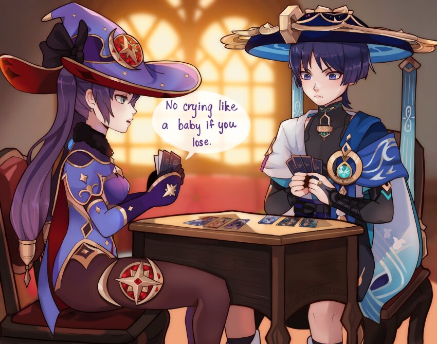 1boy, 1girl, absurdres, anemo_symbol_(genshin_impact), angryoats, animal_print, aqua_gem, armor, ayaka_(genshin_impact), bird_print, black_bodysuit, black_bow, black_gloves, black_socks, blue_cape, blue_gem, blue_hat, blue_sleeves, blunt_ends, bodysuit, bow, bridal_gauntlets, brown_pantyhose, cape, card, chair, character_playing_cards, character_request, closed_mouth, crescent, crescent_hat_ornament, crescent_ornament, detached_sleeves, diluc_(genshin_impact), elbow_gloves, english_text, feathers, fischl_(genshin_impact), fur-trimmed_collar, fur_collar, fur_trim, furisode, gem, genius_invokation_tcg, genshin_impact, gloves, gold, gold_ring, gold_trim, green_eyes, hat, hat_bow, hat_ornament, highleg, highleg_leotard, highres, holding, holding_card, indoors, japanese_armor, japanese_clothes, jean_(genshin_impact), jewelry, jingasa, kimono, kote, kurokote, layered_sleeves, leg_warmers, leotard, long_hair, looking_at_another, looking_down, middle_ring, mona_(genshin_impact), multiple_boys, open_clothes, open_kimono, open_mouth, pantyhose, parted_lips, pink_lips, pom_pom_(clothes), ponytail_holder, purple_cape, purple_eyes, purple_hair, purple_hat, purple_leotard, purple_sleeves, red_cape, red_hat, sanpaku, scaramouche_(genshin_impact), short_sleeves, shoulder_peek, shrug_(clothing), sidelocks, sitting, socks, speech_bubble, star_(symbol), star_hat_ornament, star_ornament, star_print, table, thighlet, turtleneck, turtleneck_bodysuit, twintails, two-sided_cape, two-sided_fabric, two-sided_headwear, v-shaped_eyebrows, wanderer_(genshin_impact), white_kimono, white_leg_warmers, white_sleeves, white_trim, window, witch_hat, xiangling_(genshin_impact), yellow_feathers