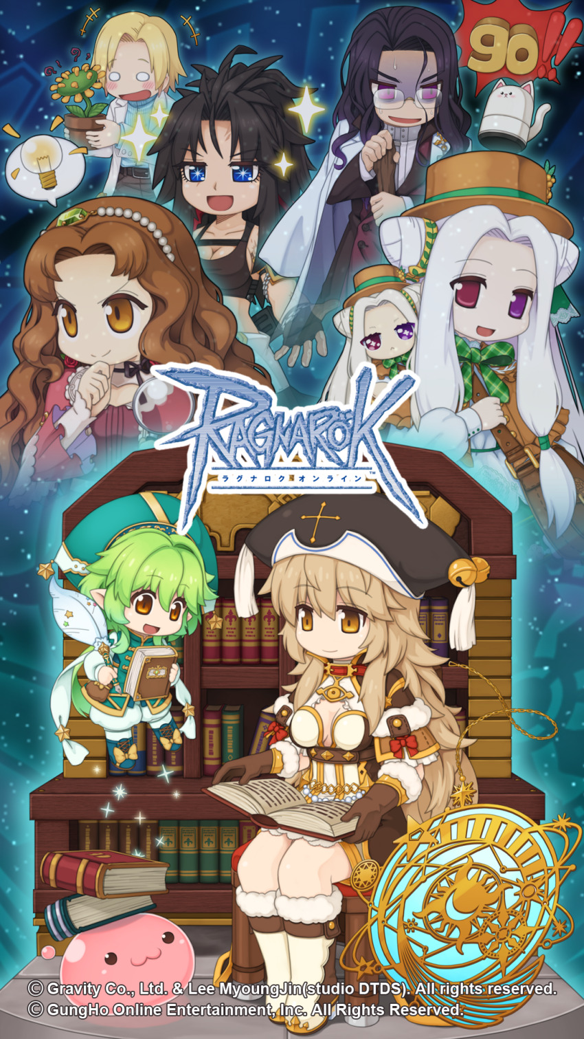 +_+, 2boys, 5girls, :3, agnes_lugenburg, arch_mage_(ragnarok_online), bell, black_hair, black_hat, black_sports_bra, blonde_hair, blue_eyes, book, boots, bow, bowtie, breasts, brooch, brown_capelet, brown_dress, brown_eyes, brown_gloves, brown_hair, brown_hat, cane, capelet, closed_mouth, coat, cone_hair_bun, copyright_notice, dress, eisen_werner, elena_bolkova, eye_brooch, fairy, fur-trimmed_boots, fur-trimmed_capelet, fur_trim, geographer_(ragnarok_online), gloves, gold_trim, green_bow, green_bowtie, green_hair, green_skirt, hair_bun, hat, hat_bell, heterochromia, high_ponytail, highres, holding, holding_book, holding_cane, holding_quill, jewelry, jingle_bell, lab_coat, large_breasts, library, logo, long_hair, long_sleeves, looking_afar, looking_at_another, looking_at_viewer, medium_breasts, multiple_boys, multiple_girls, noah_hat_(ragnarok_online), official_art, official_wallpaper, open_clothes, open_coat, open_mouth, orange_eyes, pearl_hairband, plaid_bow, plaid_bowtie, plaid_clothes, plaid_skirt, plant, pointy_ears, ponytail, pope_(ragnarok_online), poring, potted_plant, purple_eyes, quill, ragnarok_online, red_eyes, shaded_face, shirt, short_hair, sitting, skirt, slime_(creature), smile, sports_bra, table_of_contents_fairy_ink, v-shaped_eyebrows, very_long_hair, wavy_hair, white_coat, white_dress, white_footwear, white_hair, white_shirt, wolfchev, yuichirou