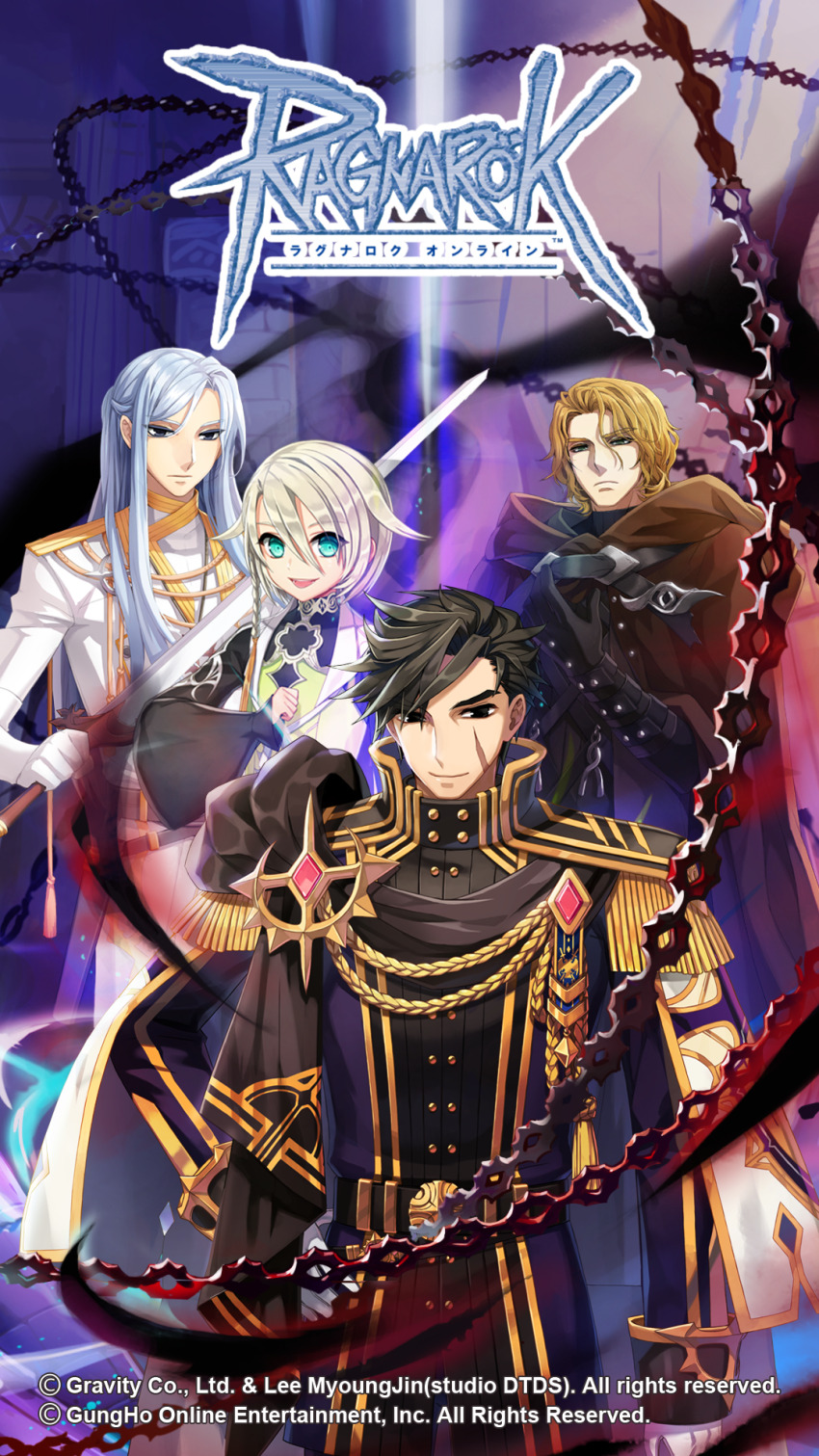 4boys, asymmetrical_bangs, belt, black_belt, black_coat, black_hair, blonde_hair, blue_eyes