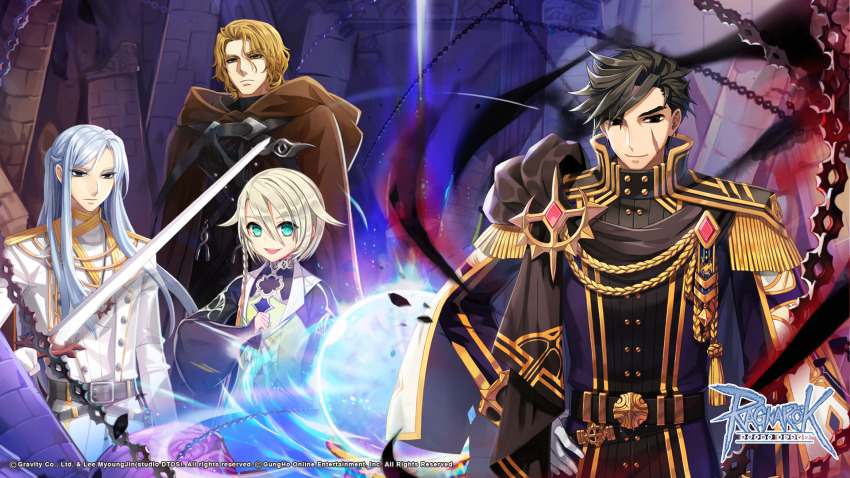 4boys, asymmetrical_bangs, belt, black_belt, black_coat, black_hair, blonde_hair, blue_eyes