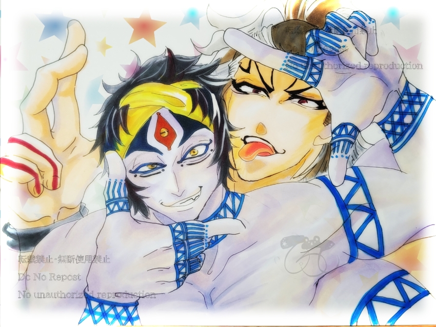2boys, arm_tattoo, bandana, black_hair, blue_tattoo, clenched_teeth, collarbone, colored_skin