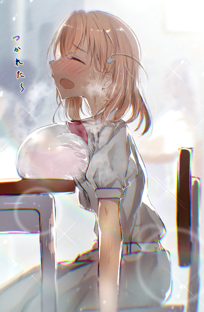 1girl, absurdres, alternate_breast_size_(larger), blush, bra_visible_through_clothes, breast_rest, breasts, breasts_on_table