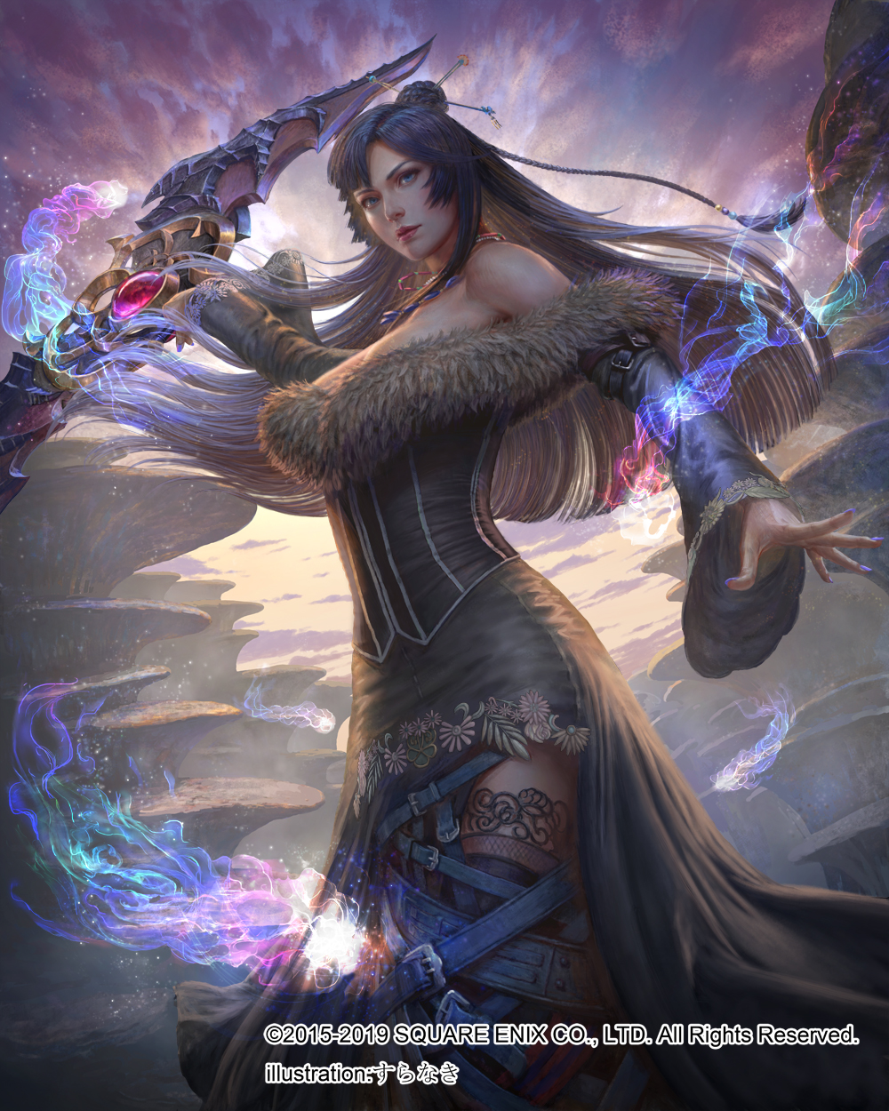 1girl, artist_name, bare_shoulders, belt, blue_eyes, breasts, brown_hair, copyright_notice, cosplay, dress, feet_out_of_frame, final_fantasy, final_fantasy_viii, final_fantasy_x, fur-trimmed_dress, fur_trim, gem, hair_bun, highres, holding, holding_weapon, jewelry, long_hair, looking_at_viewer, lulu_(ff10), lulu_(ff10)_(cosplay), magic, medium_breasts, meia_(mff), mobius_final_fantasy, multiple_belts, necklace, off-shoulder_dress, off_shoulder, official_art, outdoors, purple_nails, red_gem, solo, strapless, strapless_dress, suranaki, weapon